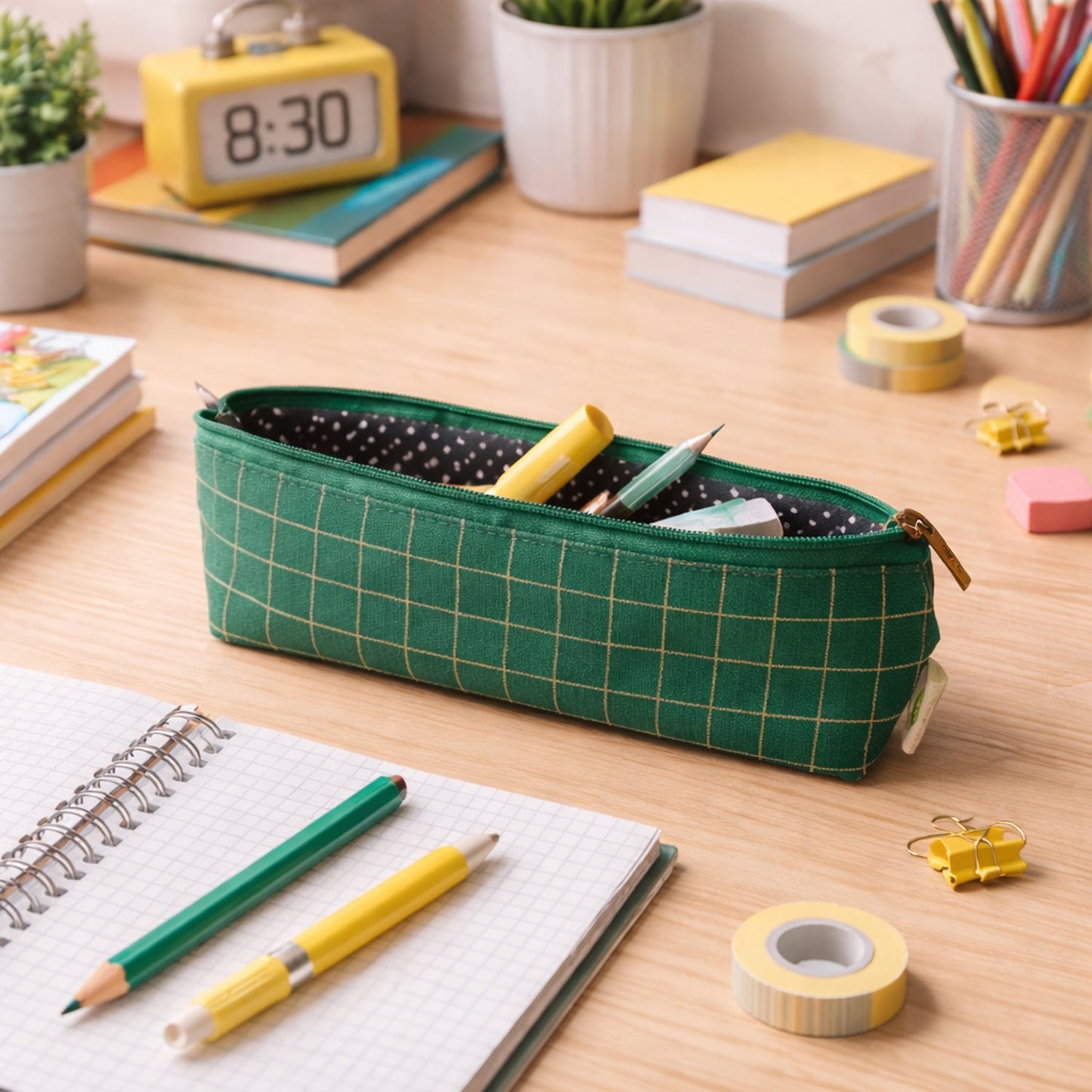 Premium Green Grid Printed Zipper Pencil Pouch Organizer (1 Pc)