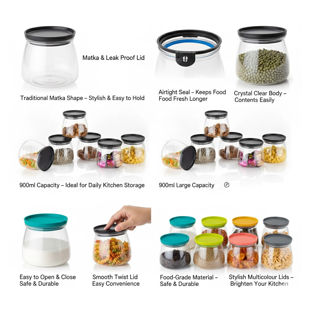 Matka Shaped Jar with Air Tight & Leak Proof Lid (Multicolour) (Set of 6) (900Ml)