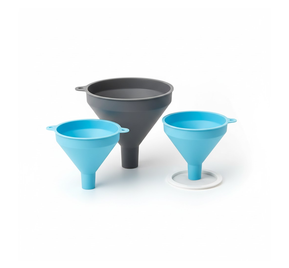 3 in 1 Kitchen Funnel Set of 3, Funnel for Filling Bottle, Small Canning Funnel with Handle, Food Grade Plastic Funnel with Detachable Strainer Filter for Liquid, Dry Ingredients, and Powder