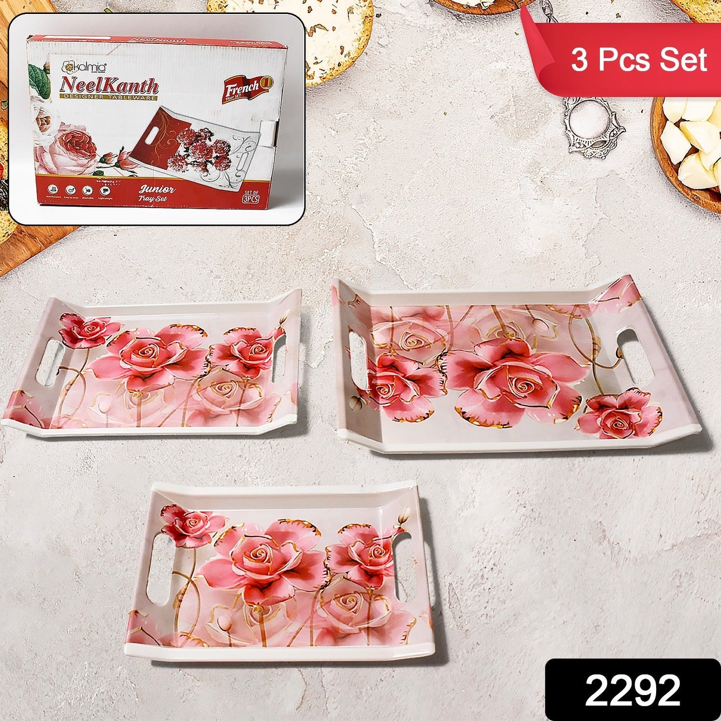 Plastic Rectangular Serving Tray Set – Printed Design Trays for Home & Kitchen