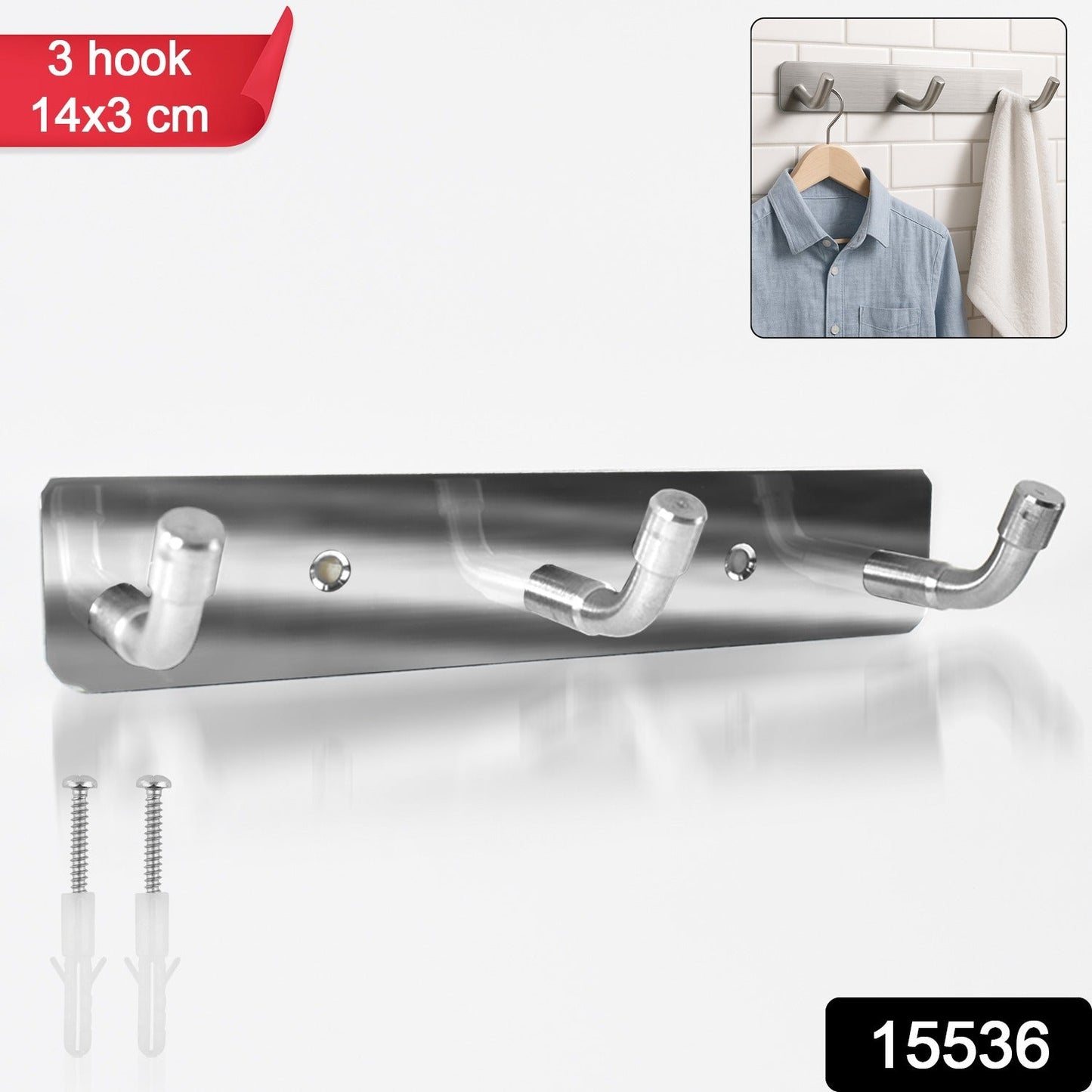 Stainless Steel Wall Mounted Coat 3 Hook Rack (14x3 / 1 Pc)