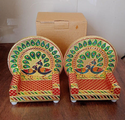 Meenakari Work Laddu Gopal Singhasan  / Sihasan for Pooja Mandir Wooden Krishna Ladoo Bal Gopal Sofa Asan, Home Decorative Premium Look Decorative Singhasan Suitable For Home, Office, Restaurant (2 Pc Set)
